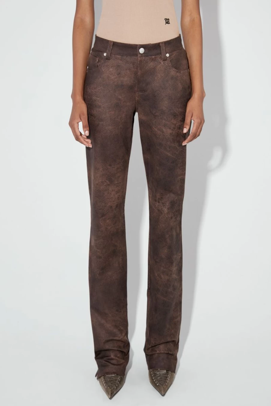 MISBHV Cracked Faux Leathers Trousers Brown Clearance