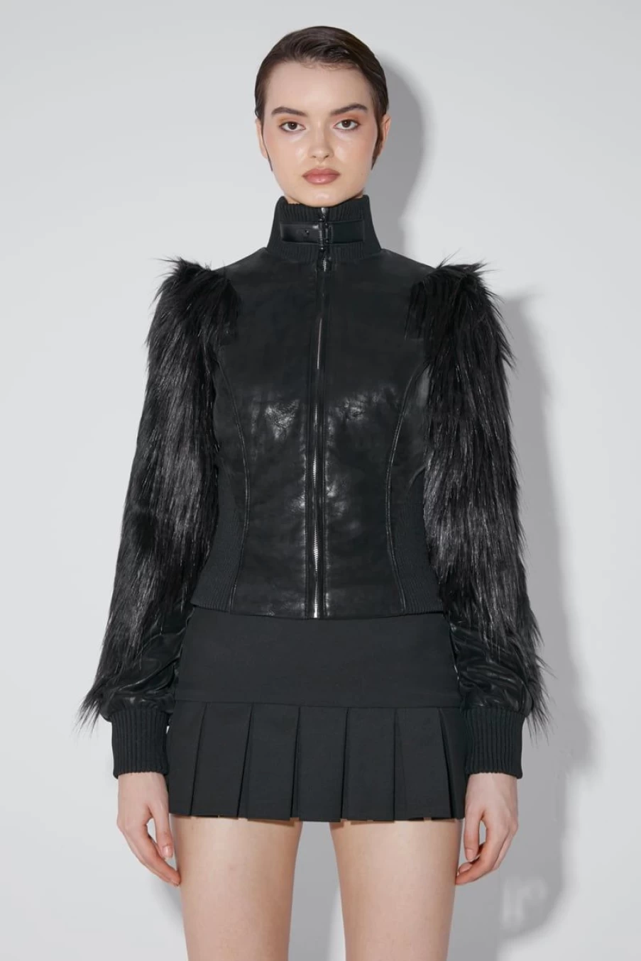 MISBHV Faded Faux Leather Jacket With Fur Sleeves Black Clearance