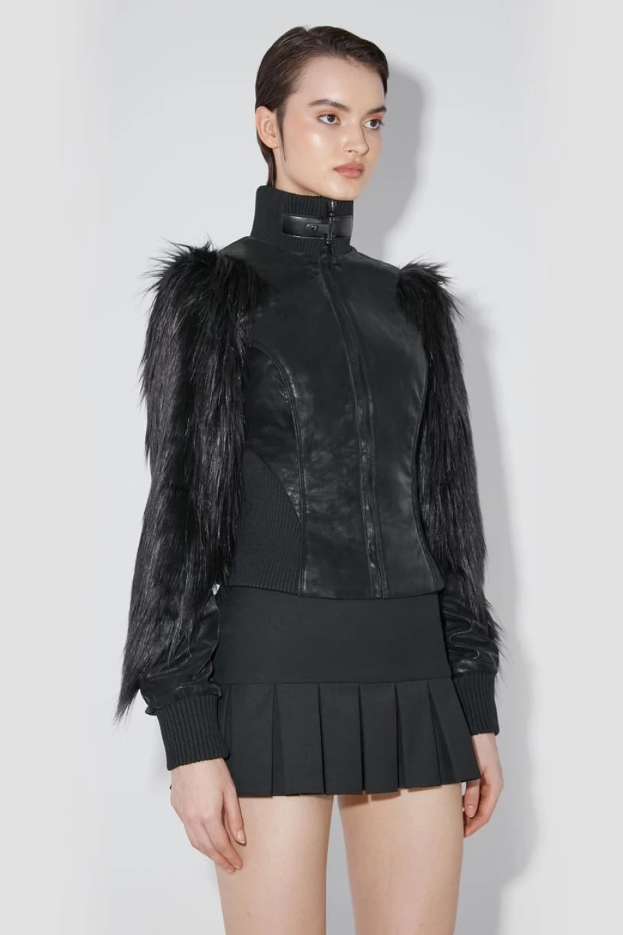 MISBHV Faded Faux Leather Jacket With Fur Sleeves Black Clearance