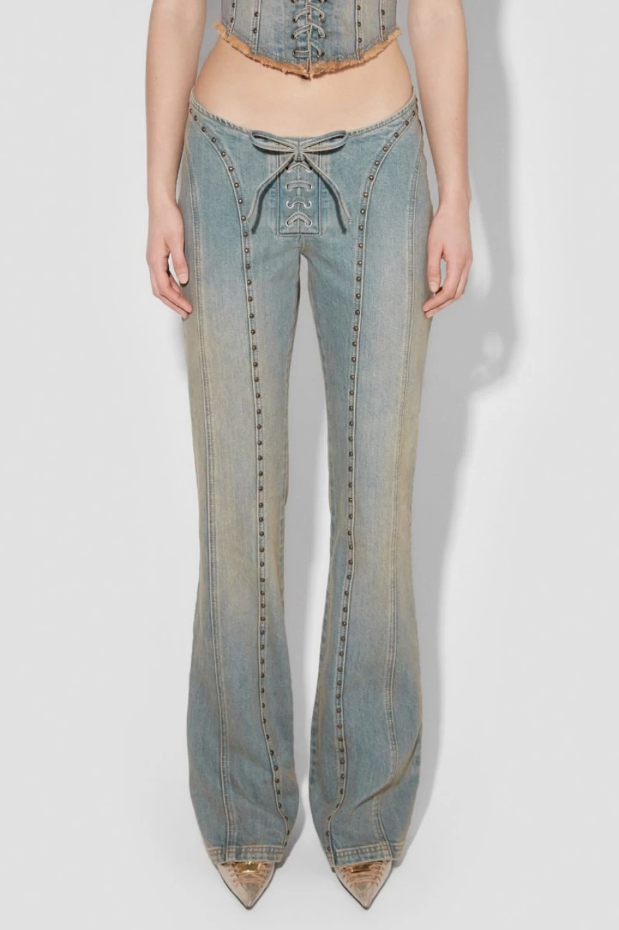 MISBHV Sunset Wash Lara Laced Denim Studded Trousers Blue New