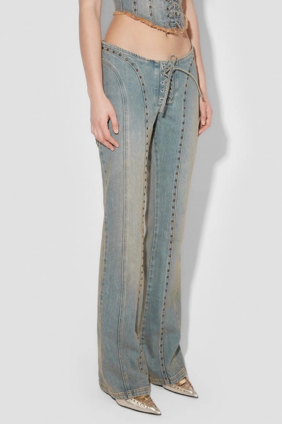 MISBHV Sunset Wash Lara Laced Denim Studded Trousers Blue New