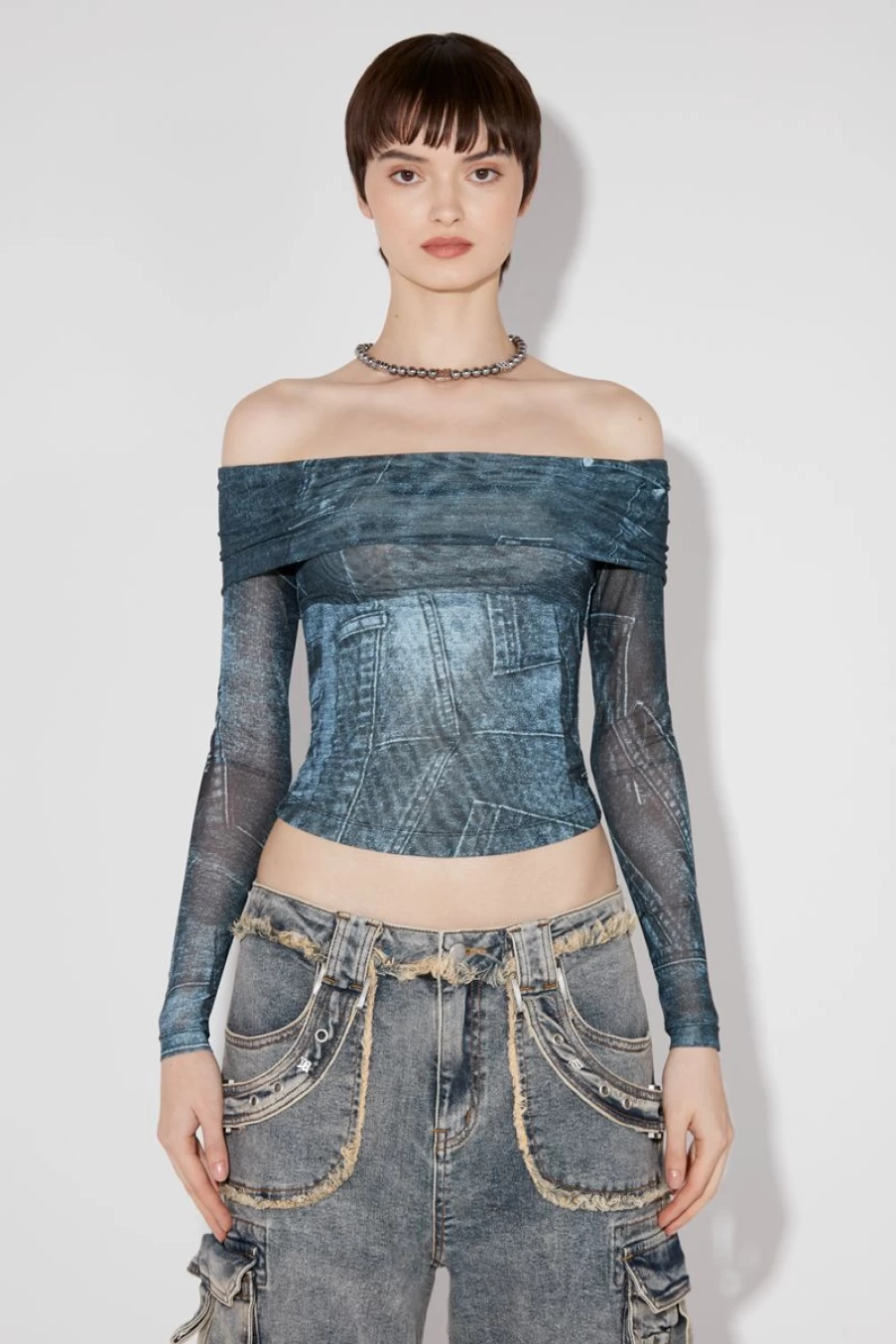 MISBHV Misbhv X Esther Yu Denim Or Not Mesh Off-Shoulder Blue Best