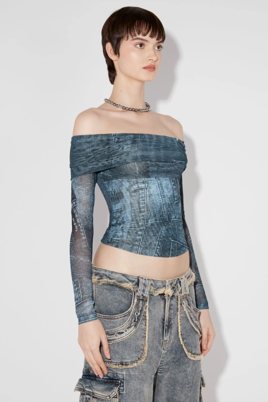 MISBHV Misbhv X Esther Yu Denim Or Not Mesh Off-Shoulder Blue Best