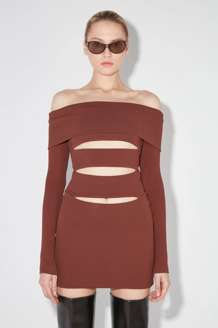 MISBHV Elena Off Shoulder Mini Dress Brown Online