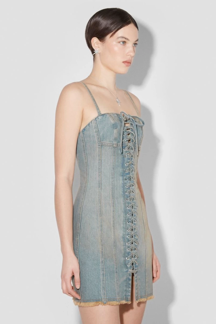 MISBHV Sunset Wash Lara Laced Denim Mini Dress Blue Hot