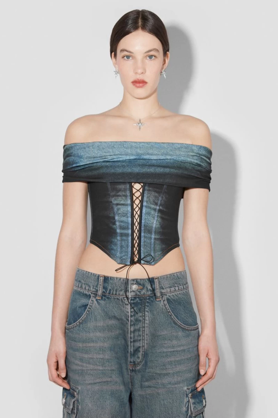 MISBHV Denim Poly Laced Off Shoulder Corset Mlc Hot