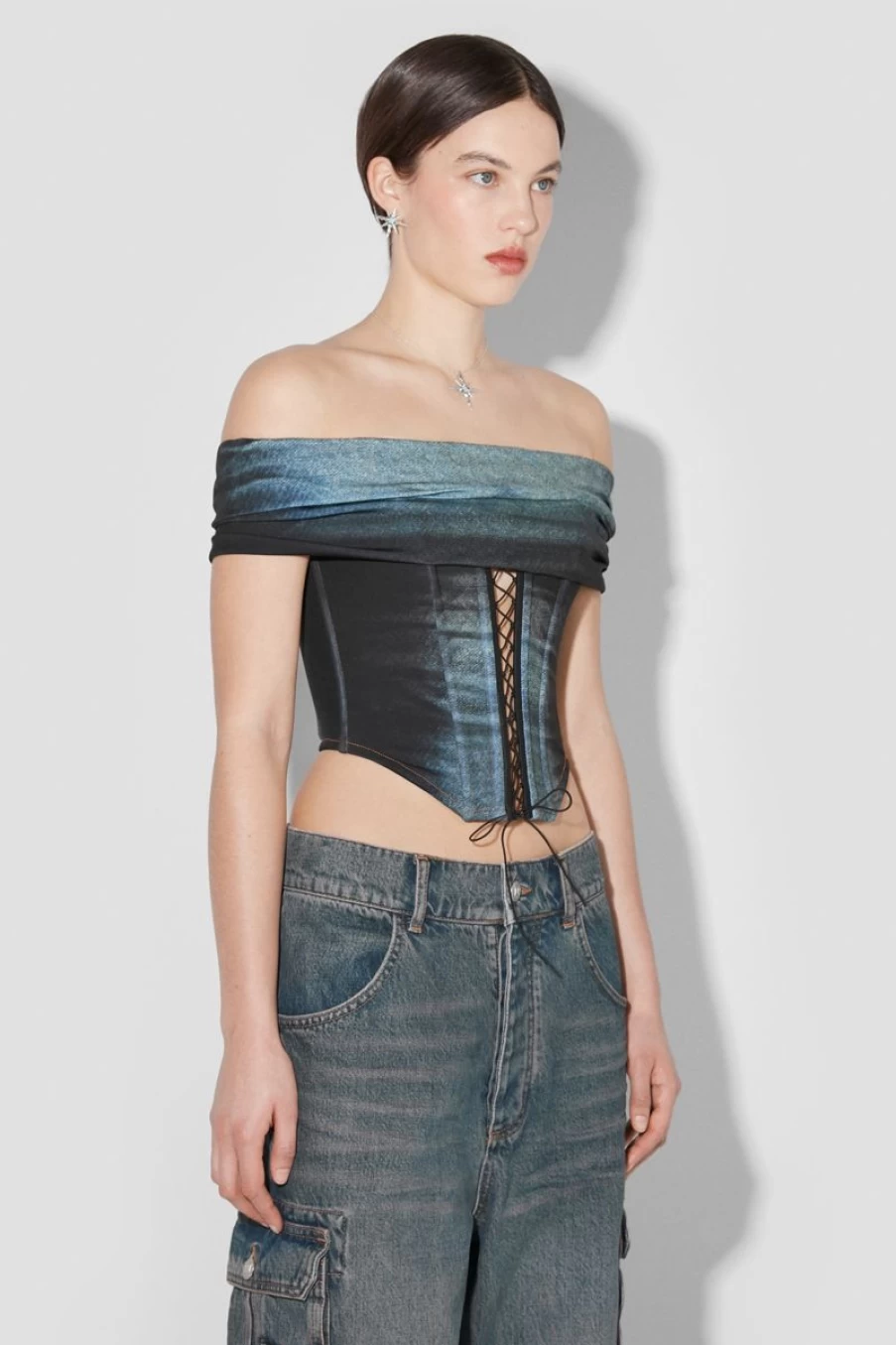 MISBHV Denim Poly Laced Off Shoulder Corset Mlc Hot