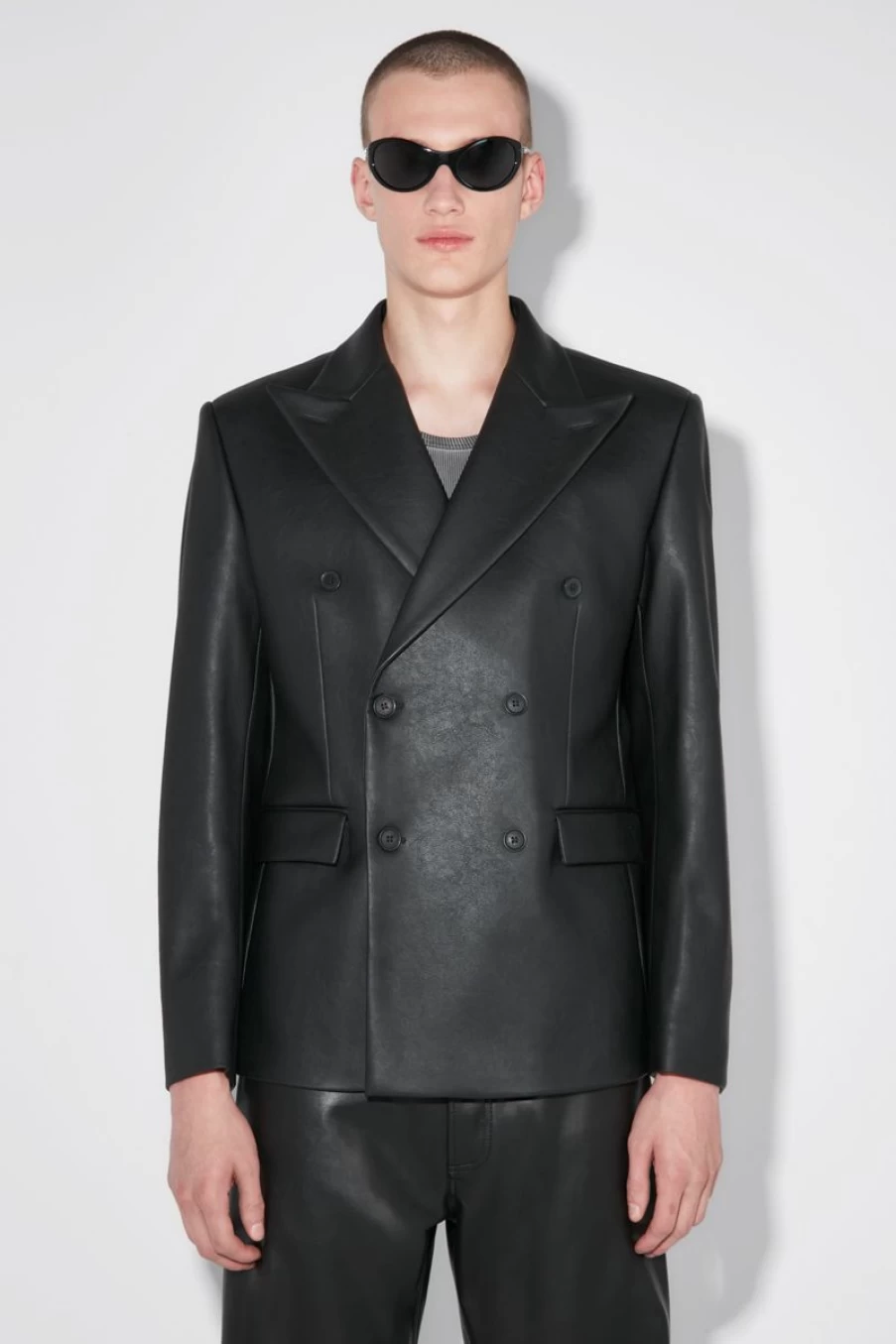 MISBHV Matte Faux Leather Double Breasted Blazer Black New