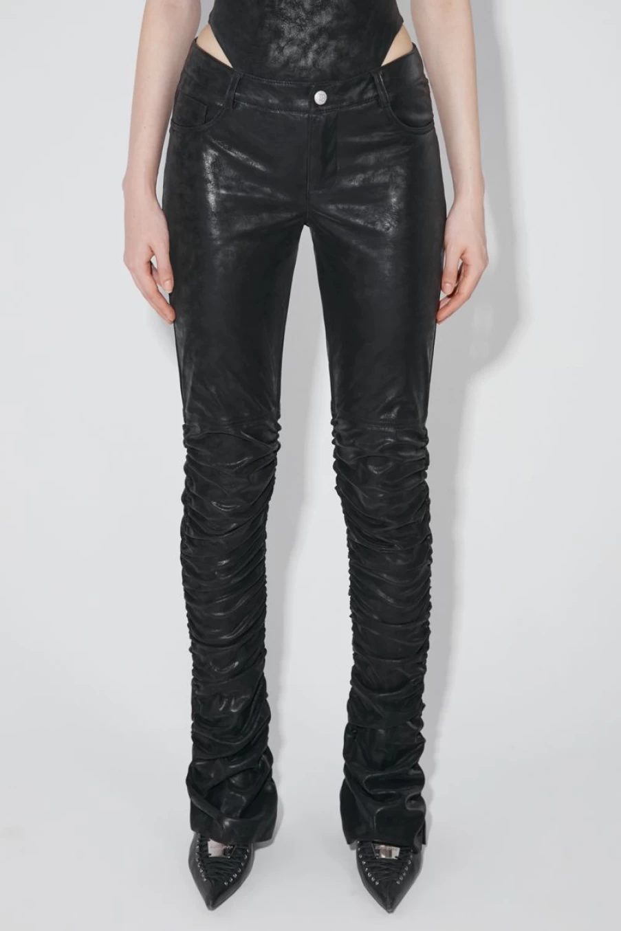 MISBHV Faded Faux Leather Ruched Trousers Black Hot