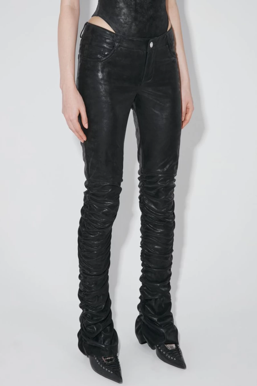 MISBHV Faded Faux Leather Ruched Trousers Black Hot