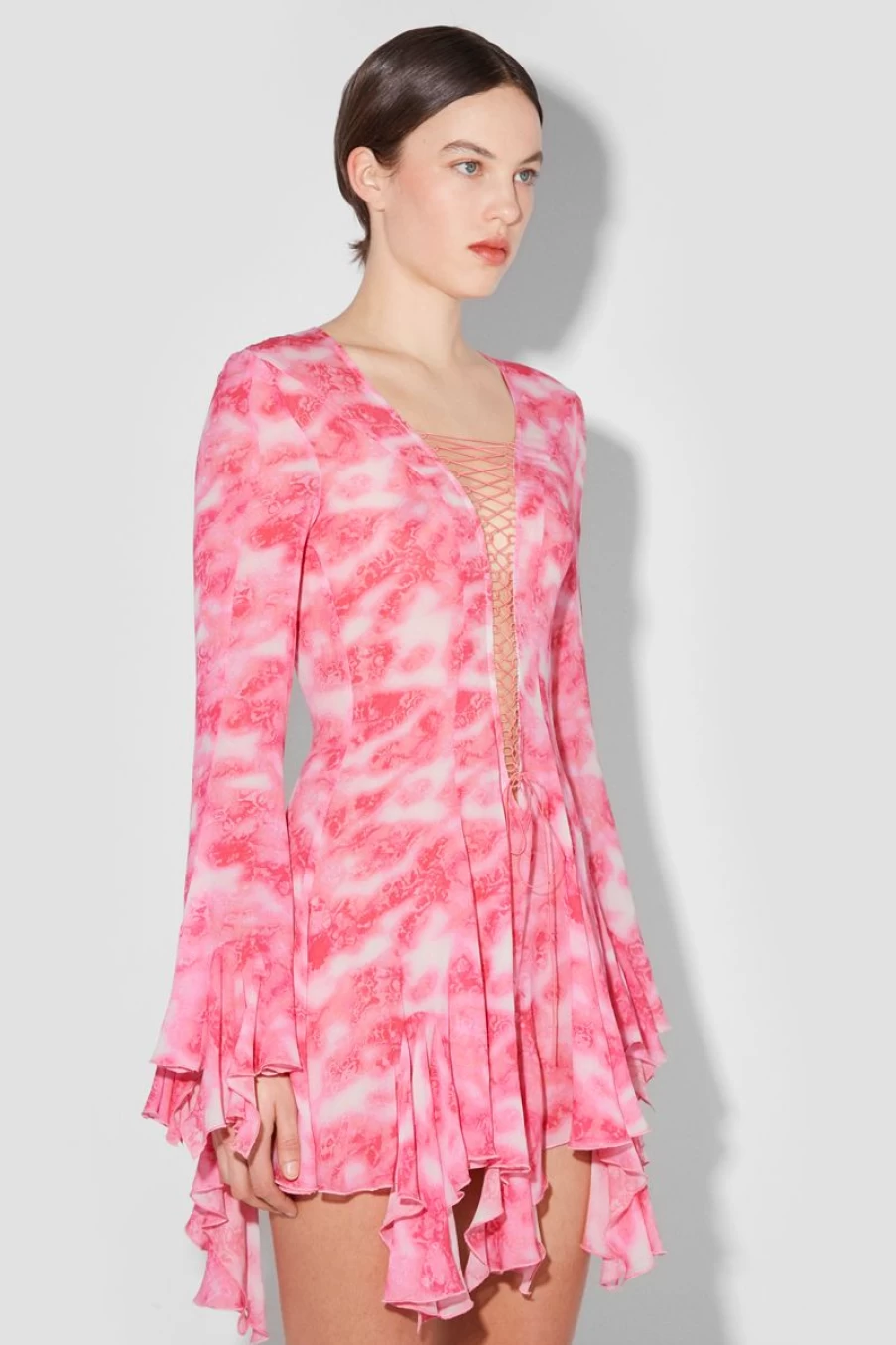 MISBHV Recycled Camo Viscose Chiffon Lace Mini Dress Pink Clearance