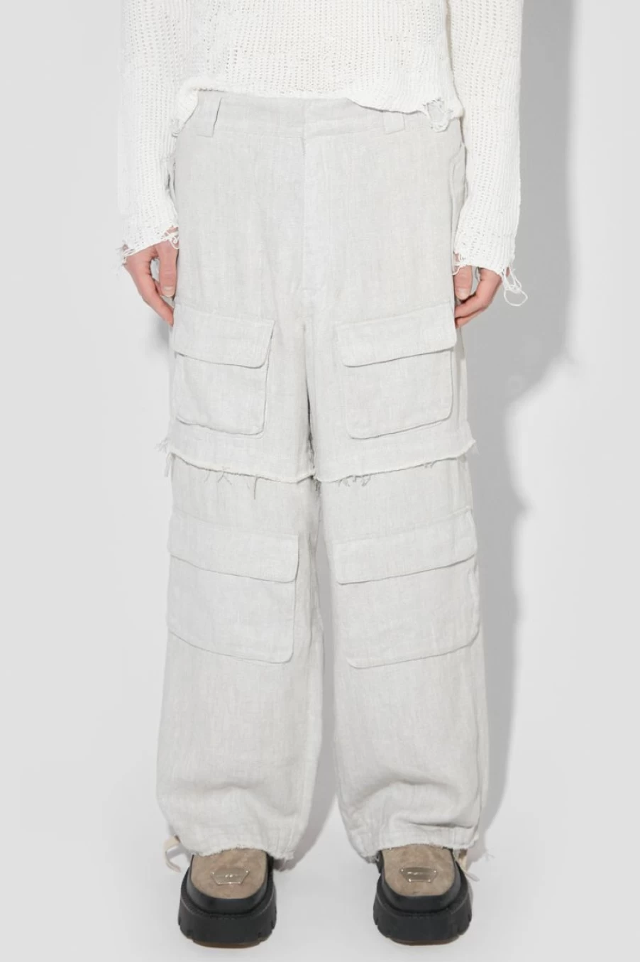 MISBHV Washed Linen Cargo Pants Off White New