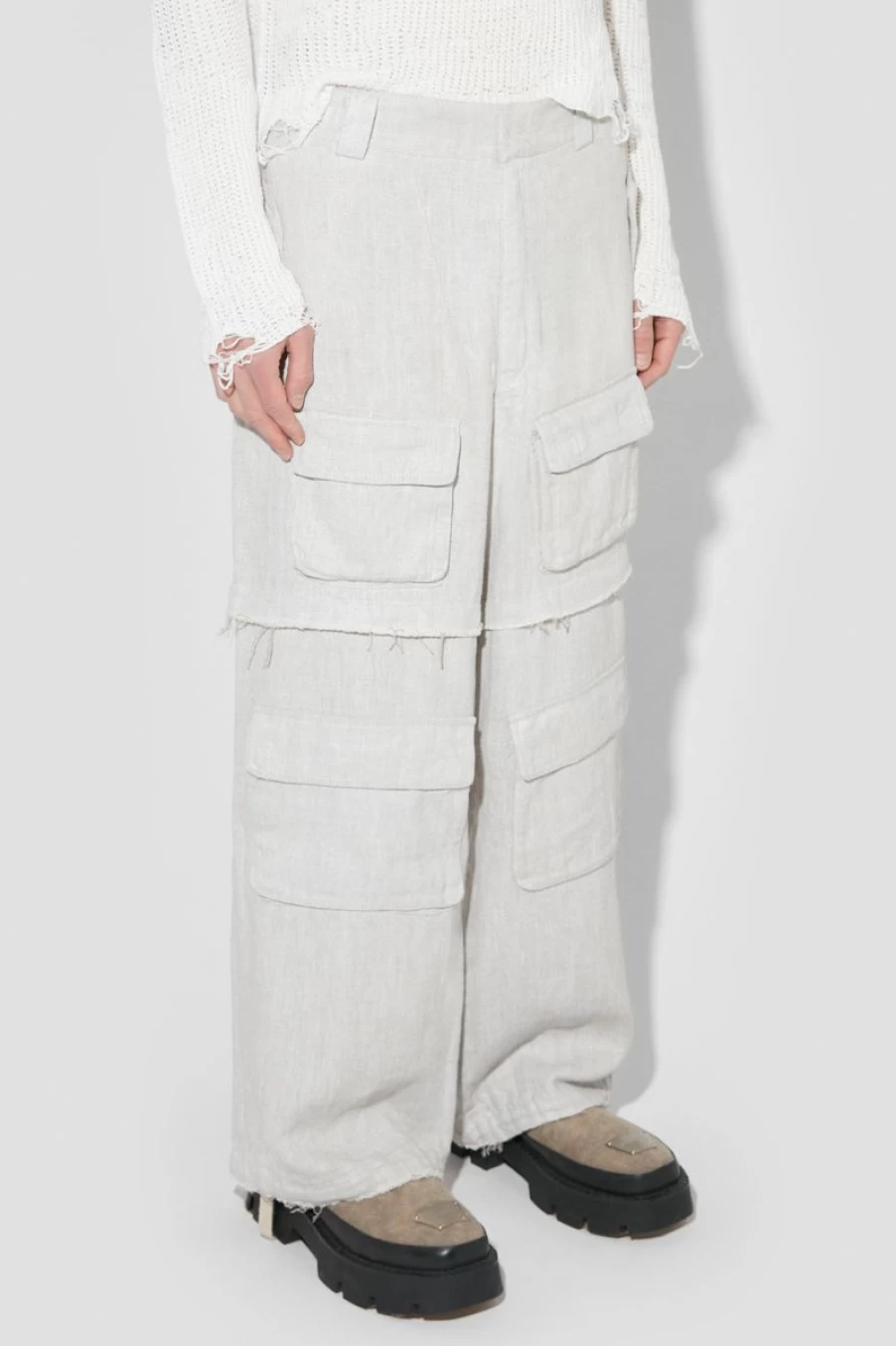 MISBHV Washed Linen Cargo Pants Off White New