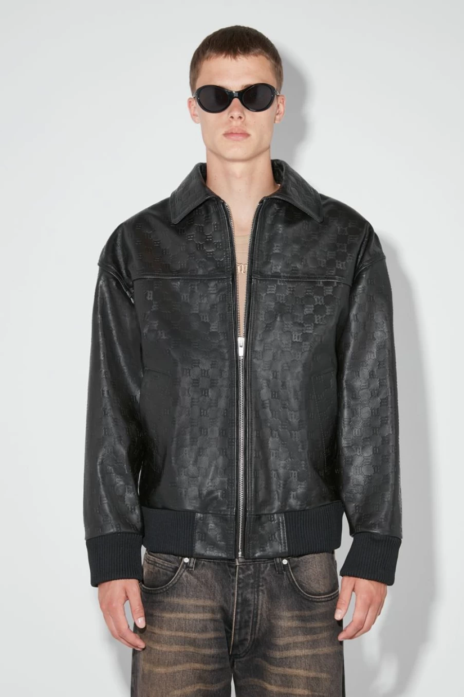 MISBHV Monogram Embossed Bandit Leather Jacket Black New